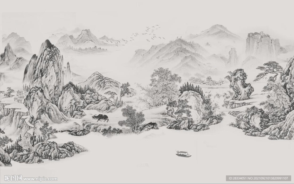 中式水墨山水国画电视背景墙