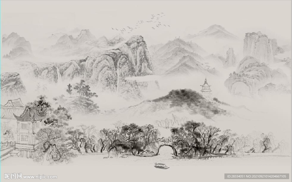 中式水墨山水国画电视背景墙