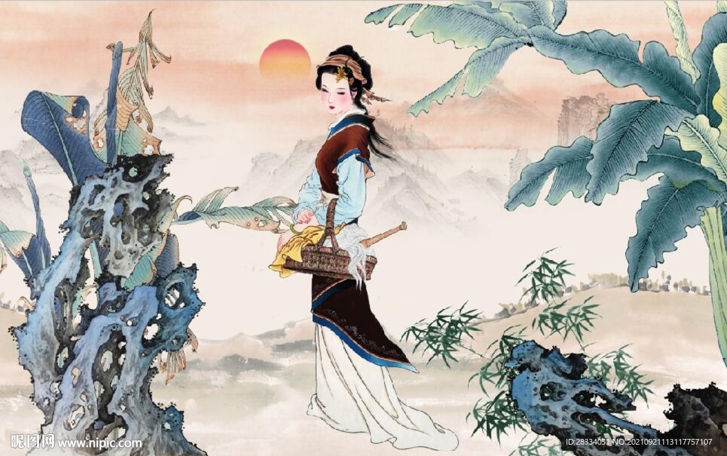 中式西施挽纱国画电视背景墙