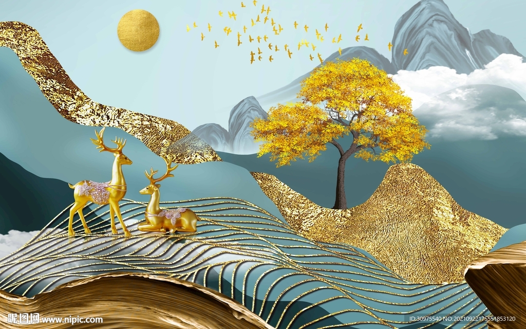 新中式麋鹿山水背景