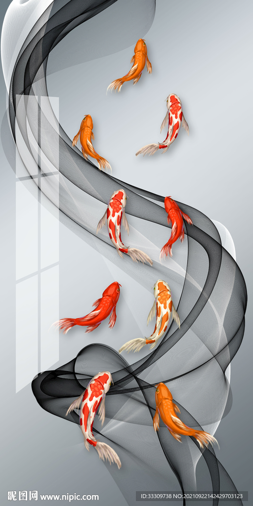 现代简约金色线条九鱼图装饰画