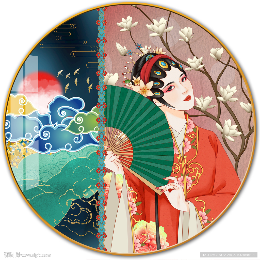 国潮古代美女工装脸谱装饰画