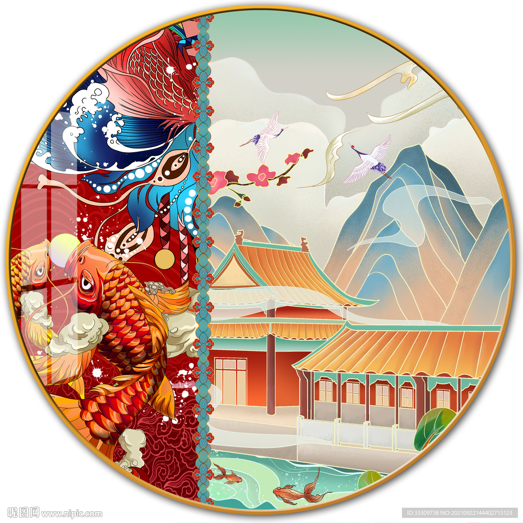 手绘宫殿国潮水墨民宿装饰画