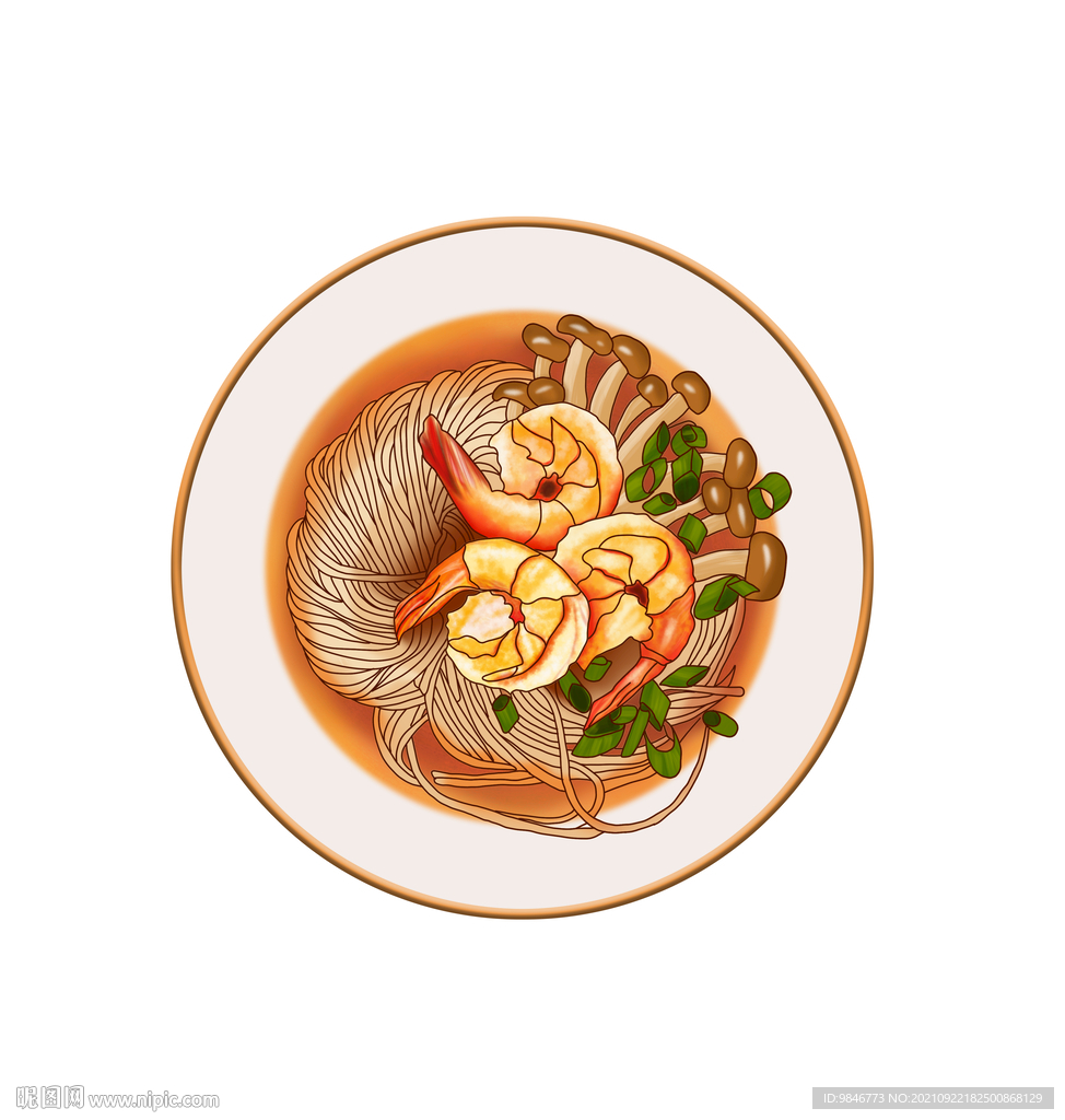 面条 手绘 鲜虾