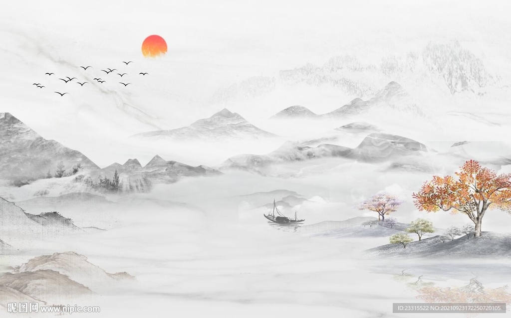 简约现代爵士白山水新中式背景墙