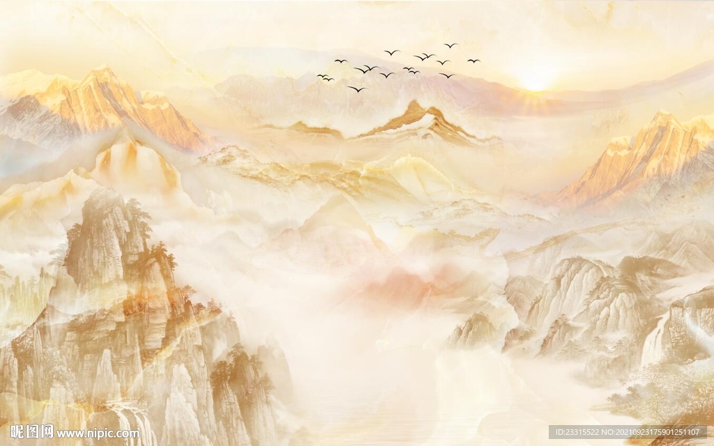 石纹大理石新中式山水背景墙