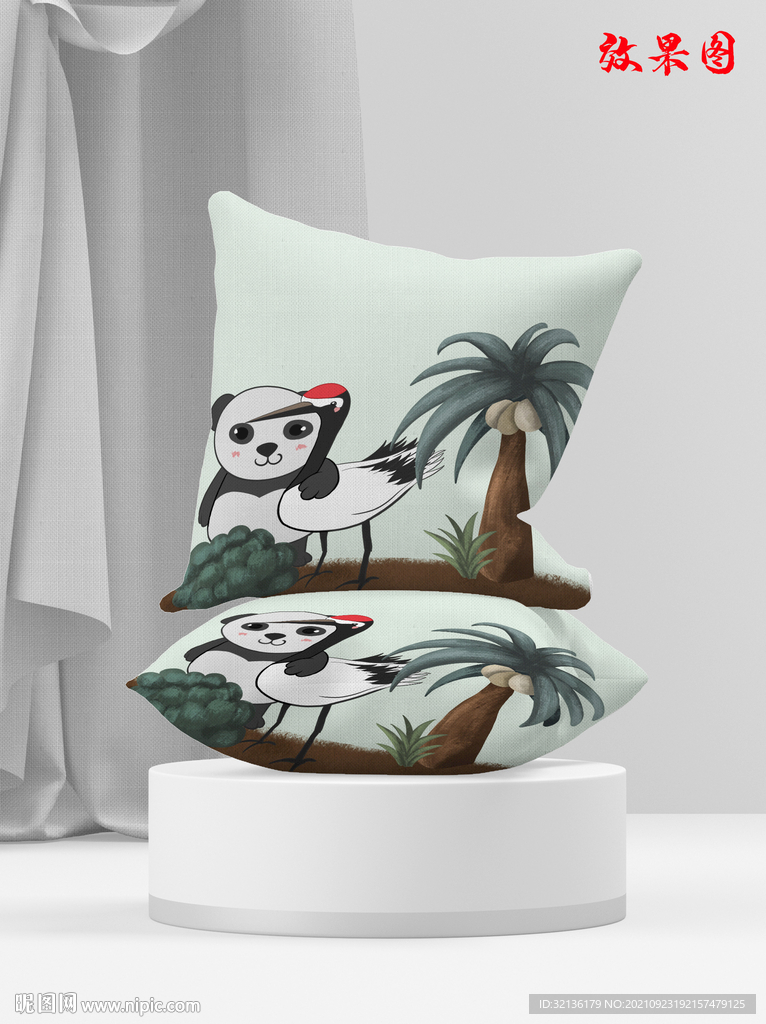 北欧风卡通小熊丹顶鹤插画抱枕