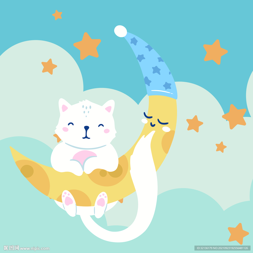 北欧莫兰迪色蓝色星星月亮小猫抱