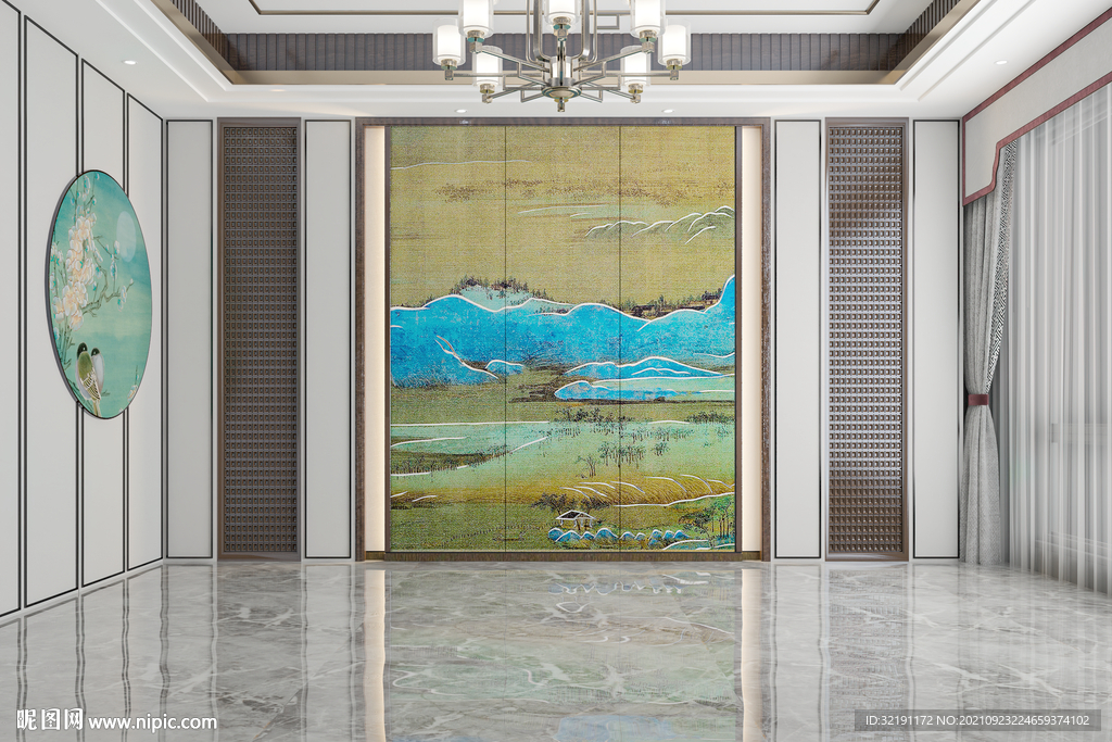 新中式客厅沙发背景墙家具空景