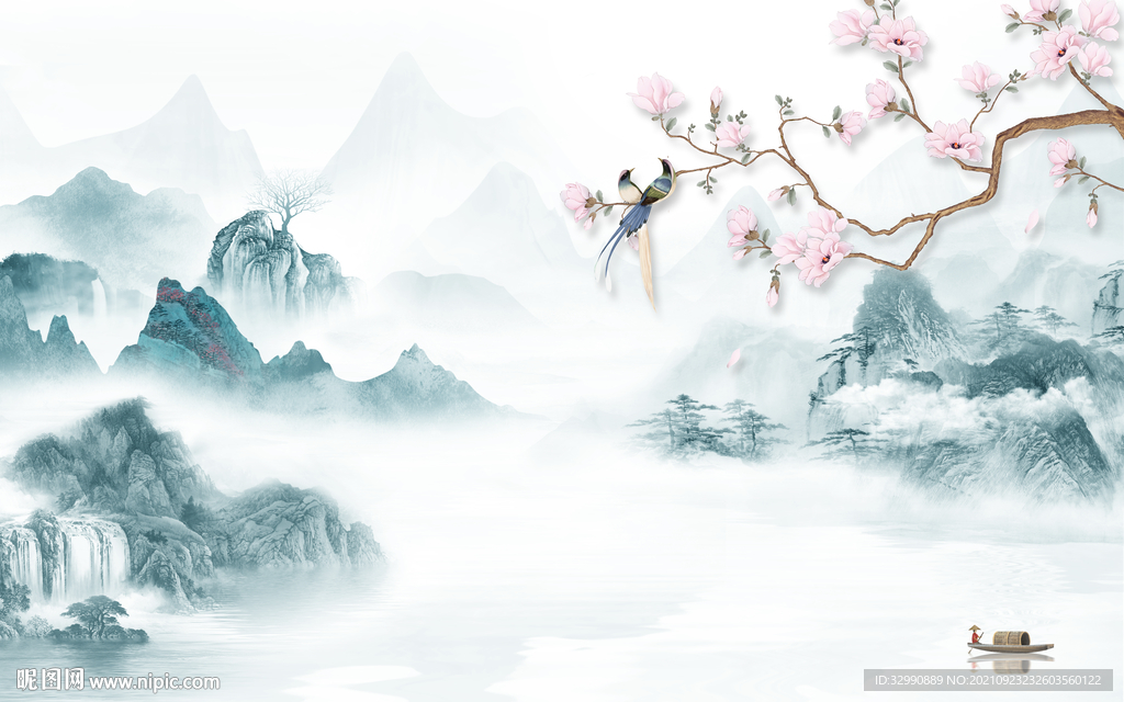 花鸟 山水背景墙画 TIF分层