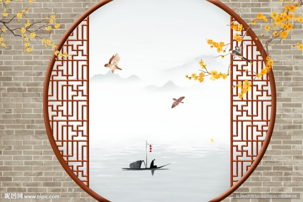 中式手绘花鸟背景墙