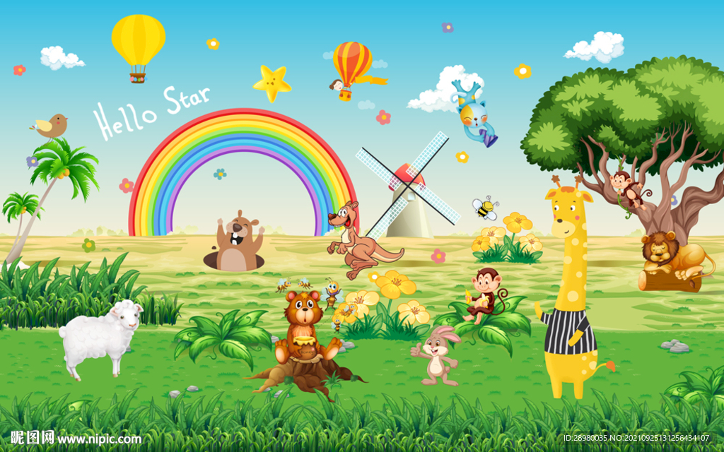 卡通动物儿童房背景墙