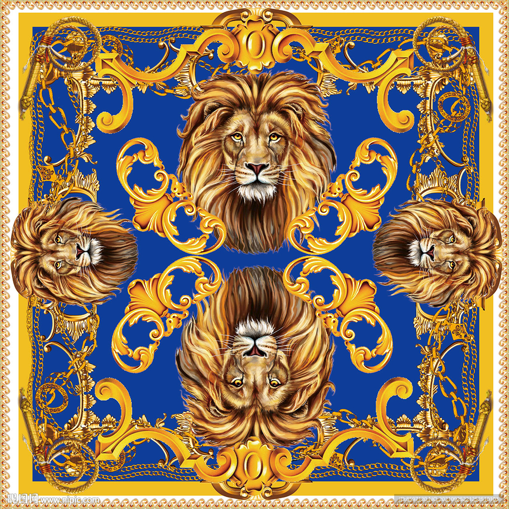 黄蓝色狮子图案丝巾