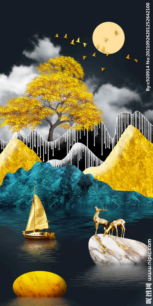 现代轻奢抽象发财树麋鹿装饰画