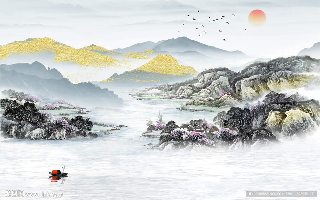 中式山水背景墙画 TIF分层