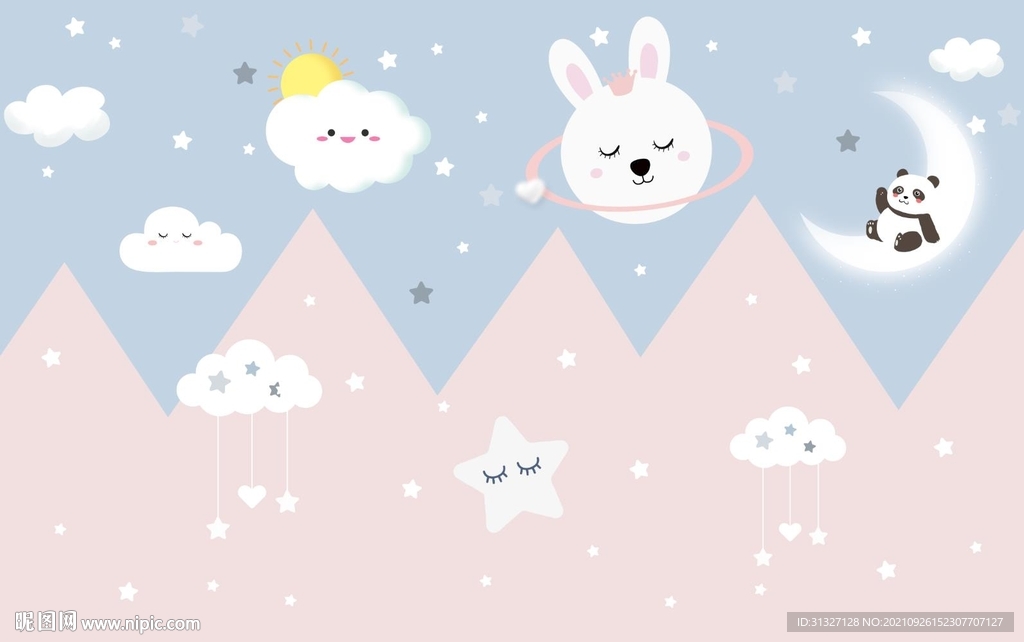 北欧手绘云朵儿童房背景墙图片