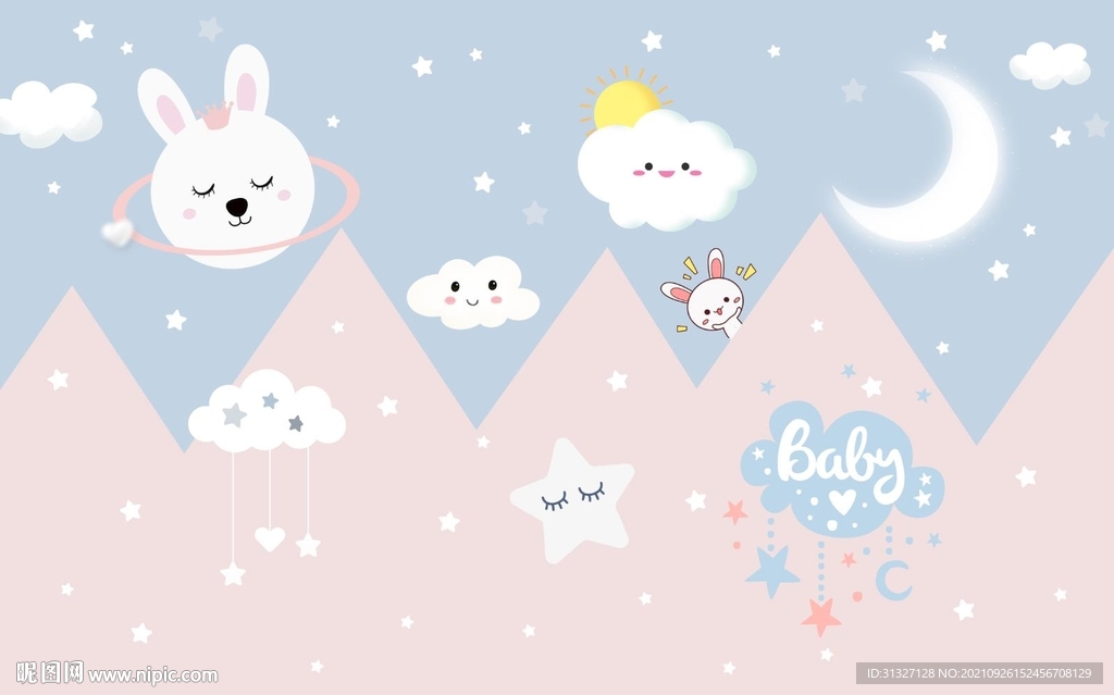 北欧手绘卡通儿童房背景墙图片