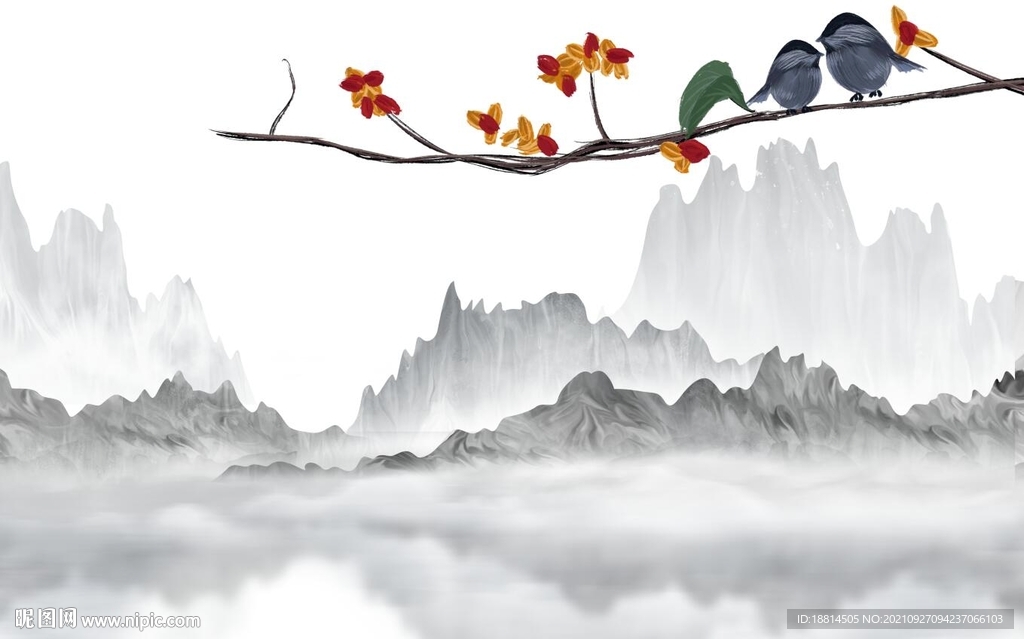 山水花鸟新中式背景墙