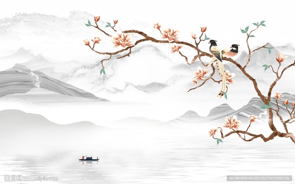鸟语花香新中式山水背景墙