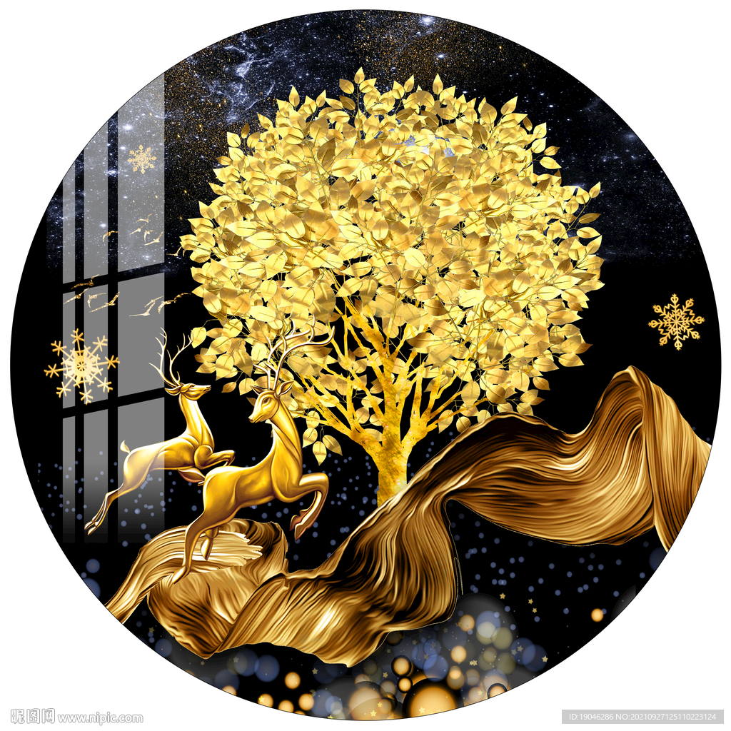 金色飘带轻奢麋鹿发财树装饰画