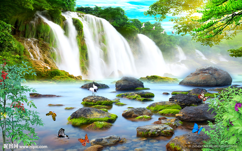 山水风景瀑布电视背景墙