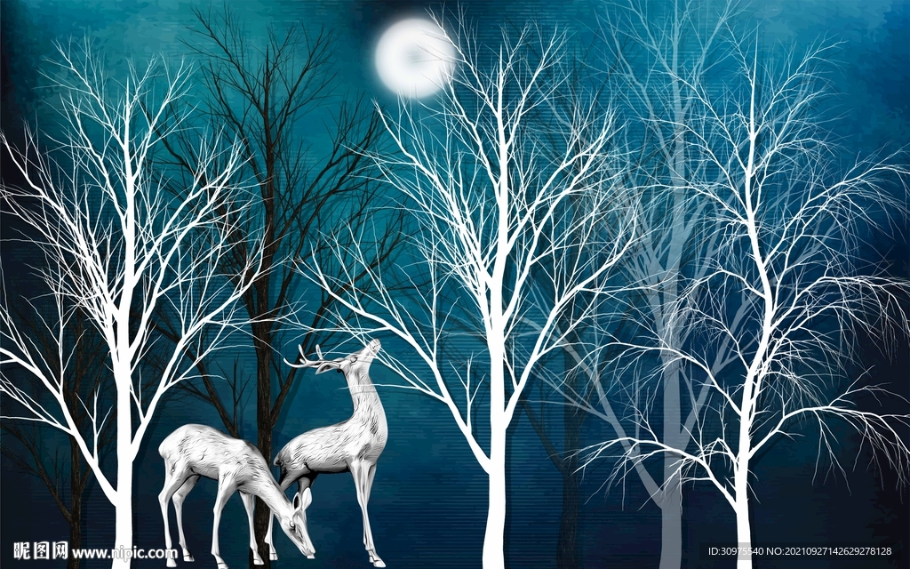 简约现代麋鹿树林背景墙