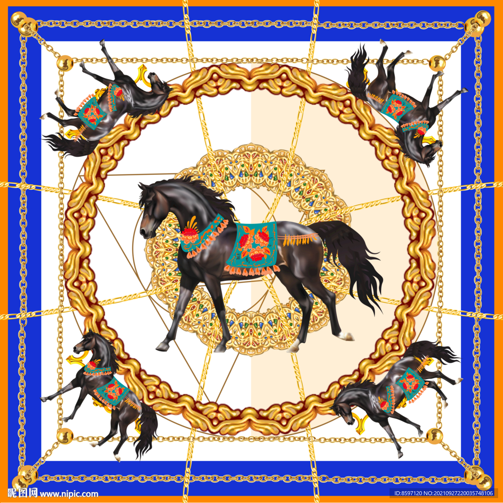 钴蓝马儿丝巾花型图案设计