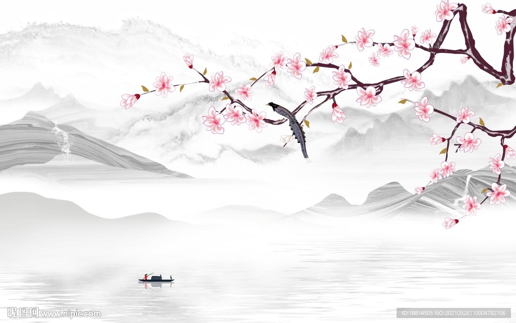 梅花新中式山水背景墙