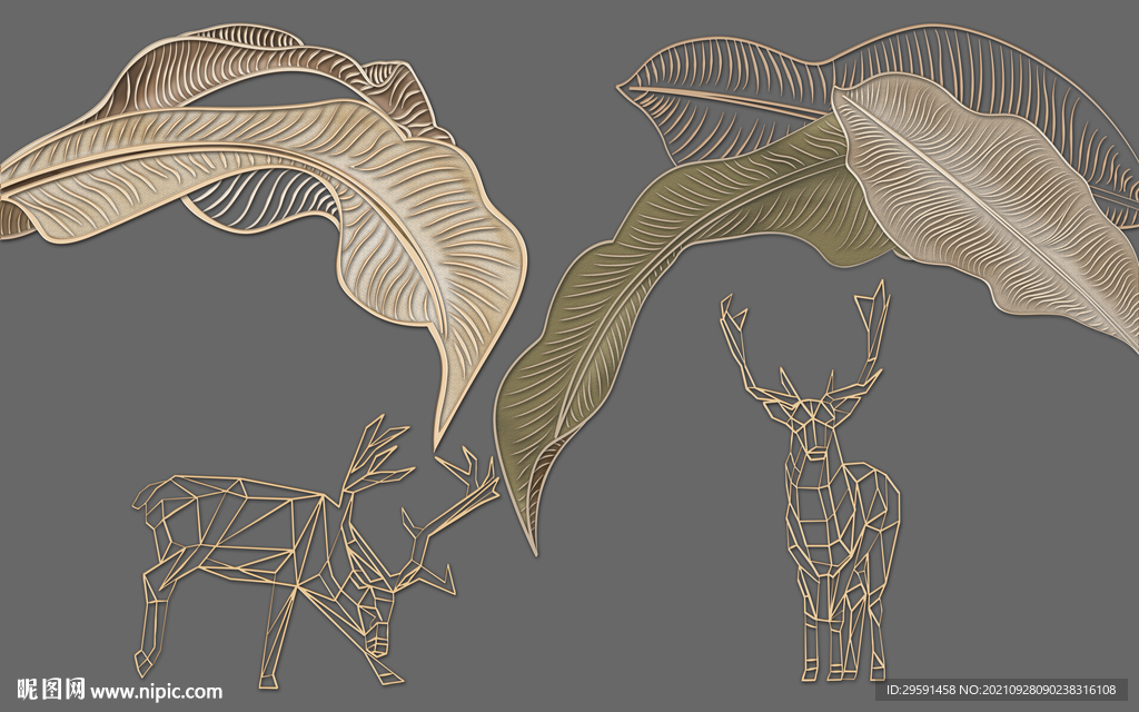 芭蕉叶线条小鹿背景墙