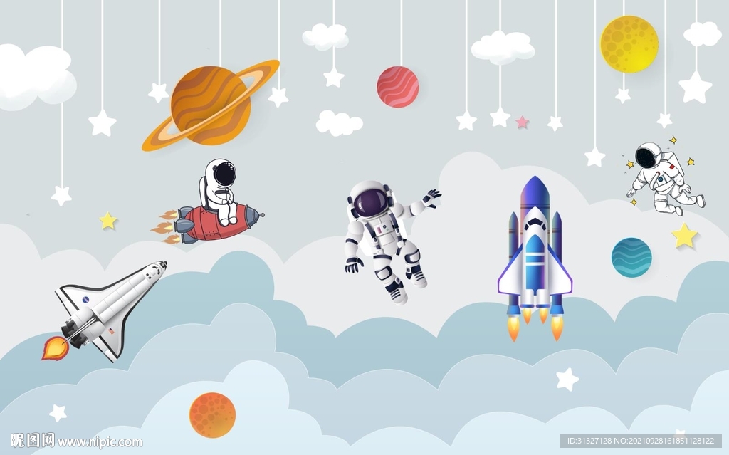 卡通太空人宇宙儿童房背景墙图片