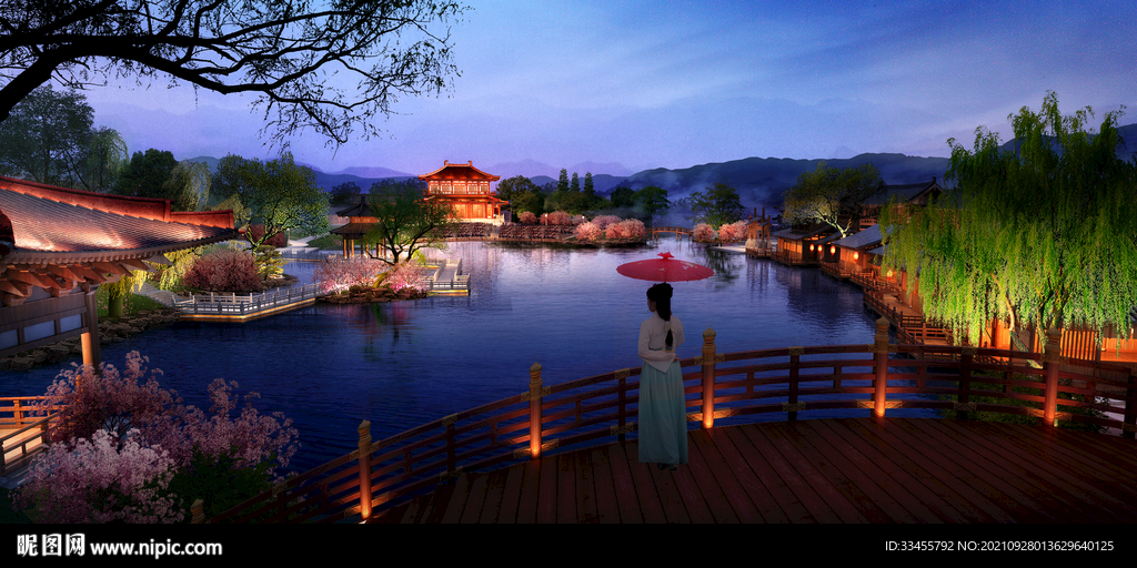 桃红柳绿古镇夜景