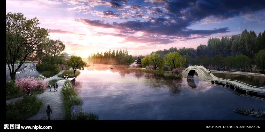 黄昏树林水景