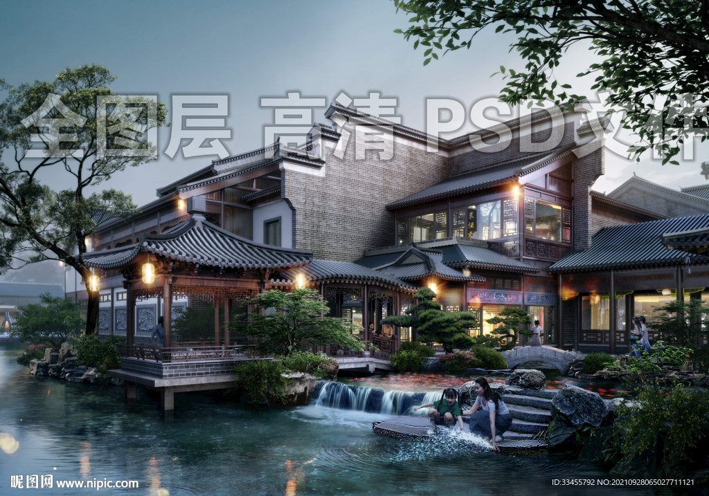 古建商业叠水效果图