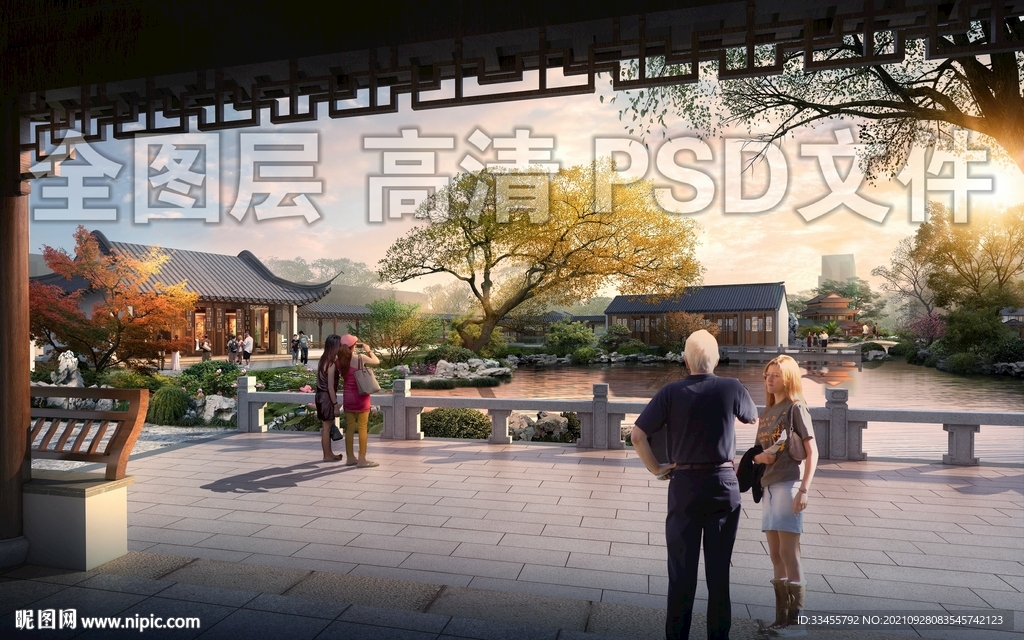 黄昏古建园林景观
