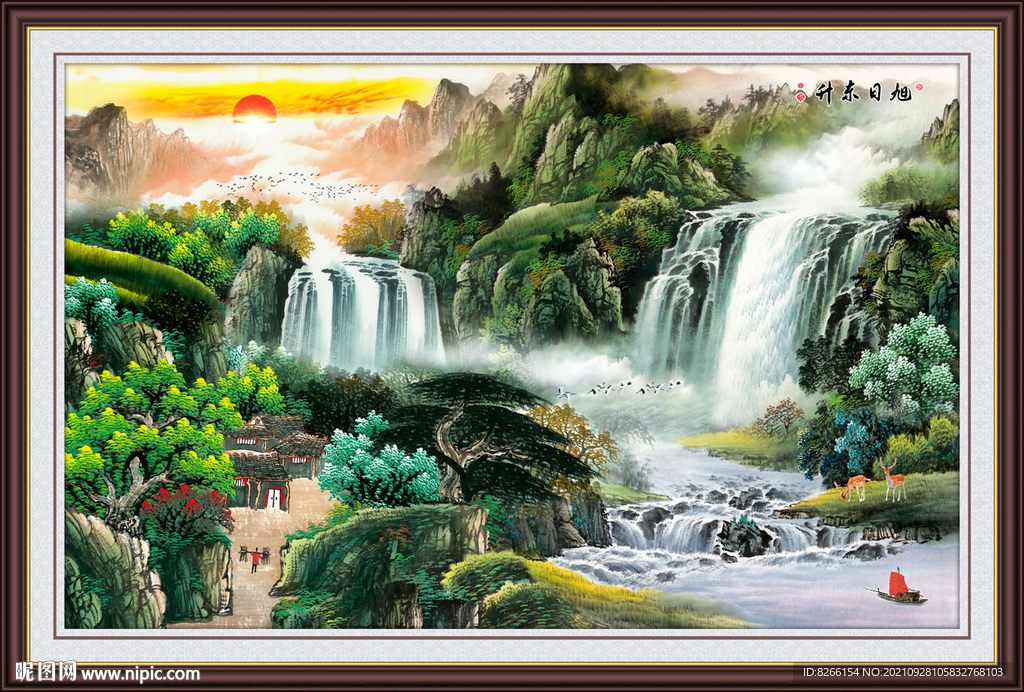 流水生财国画山水背景墙