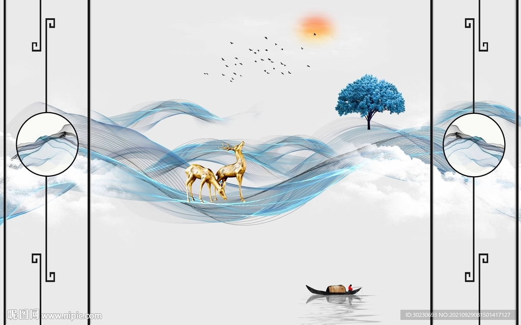 新中式麋鹿山水背景墙