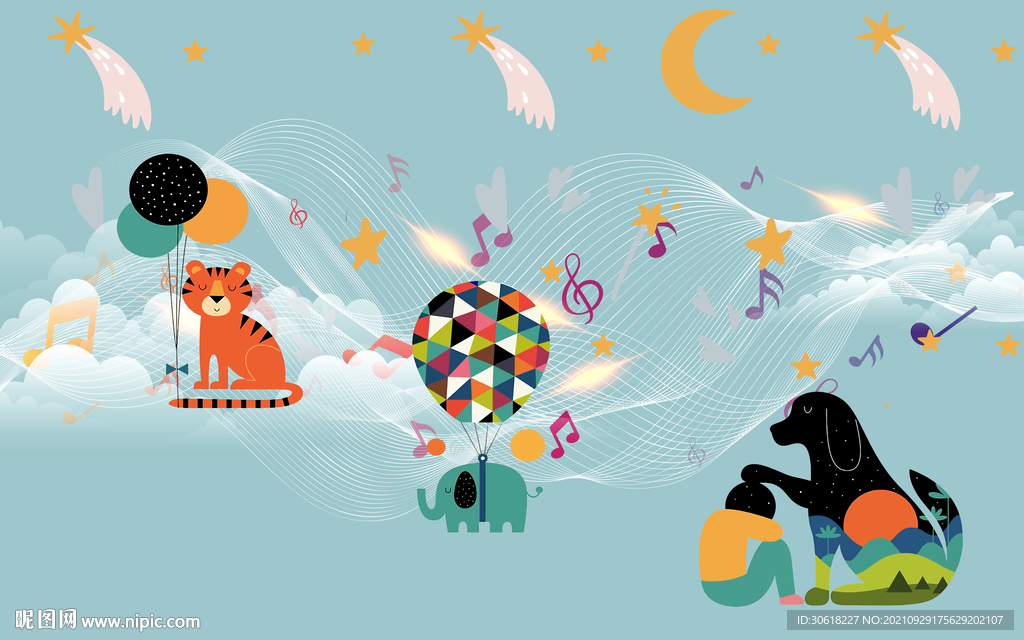 北欧手绘卡通儿童房背景墙