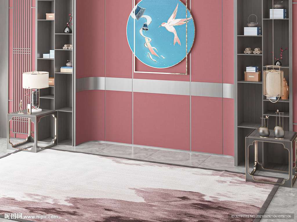 新中式客厅背景墙家具空景