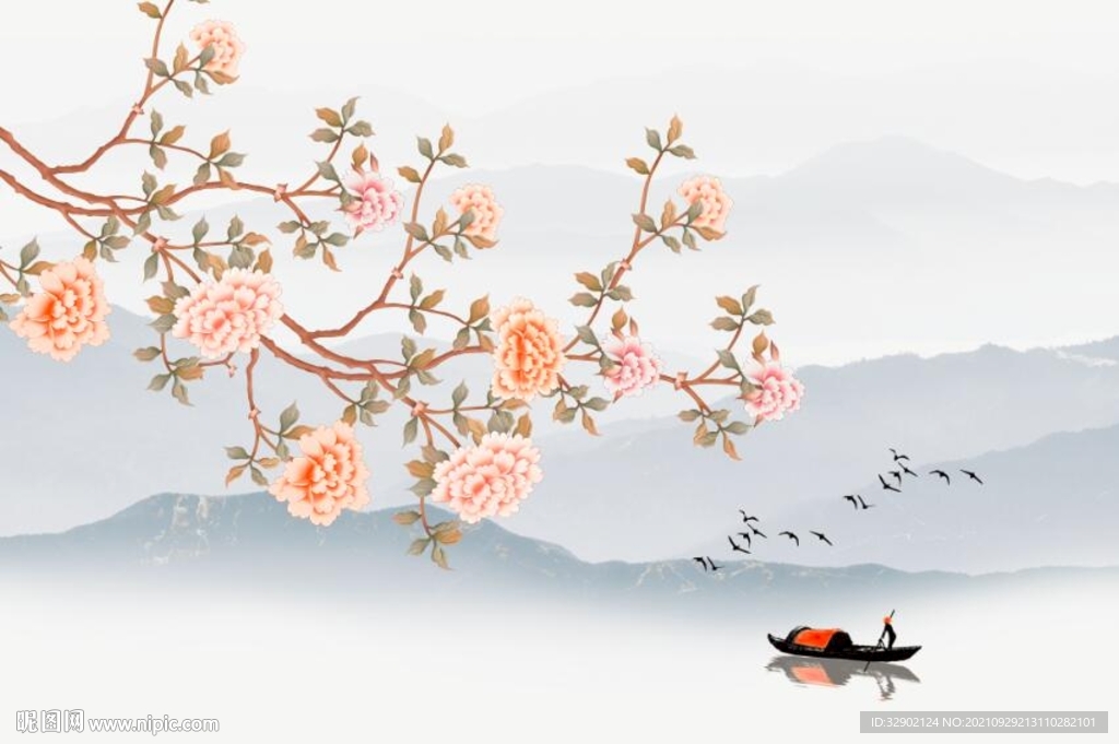 牡丹山水背景墙