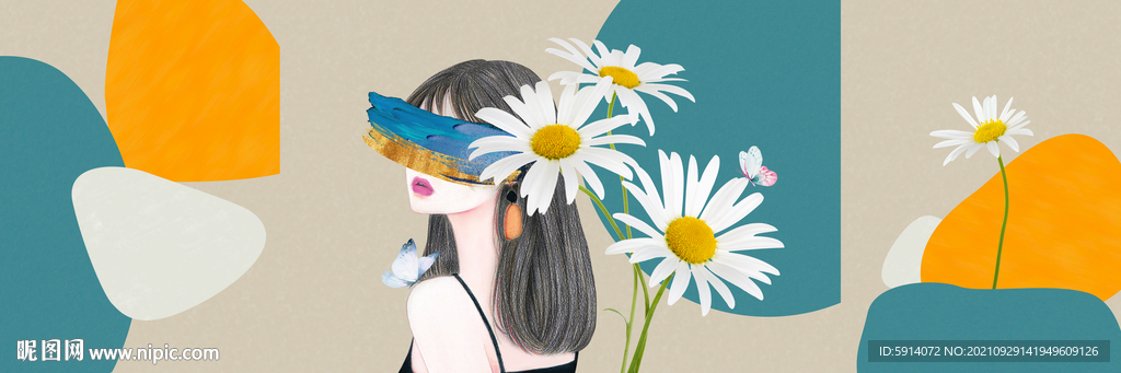 晶瓷画 菊花 美女