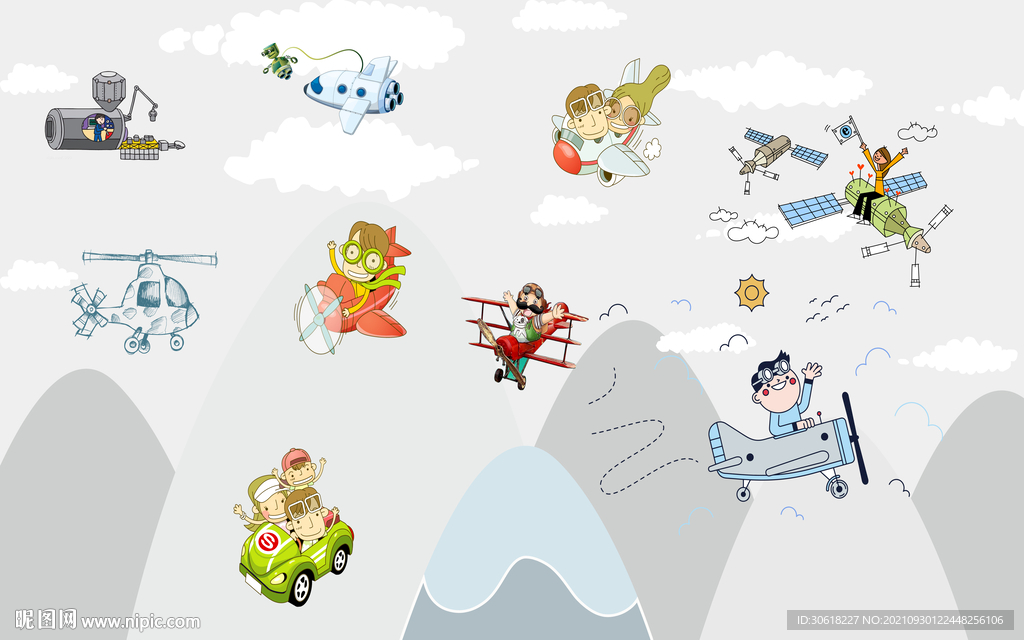 北欧手绘卡通儿童房背景墙