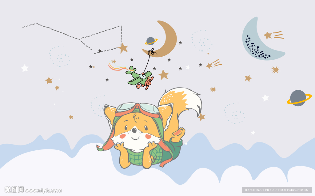 北欧手绘卡通儿童房背景墙