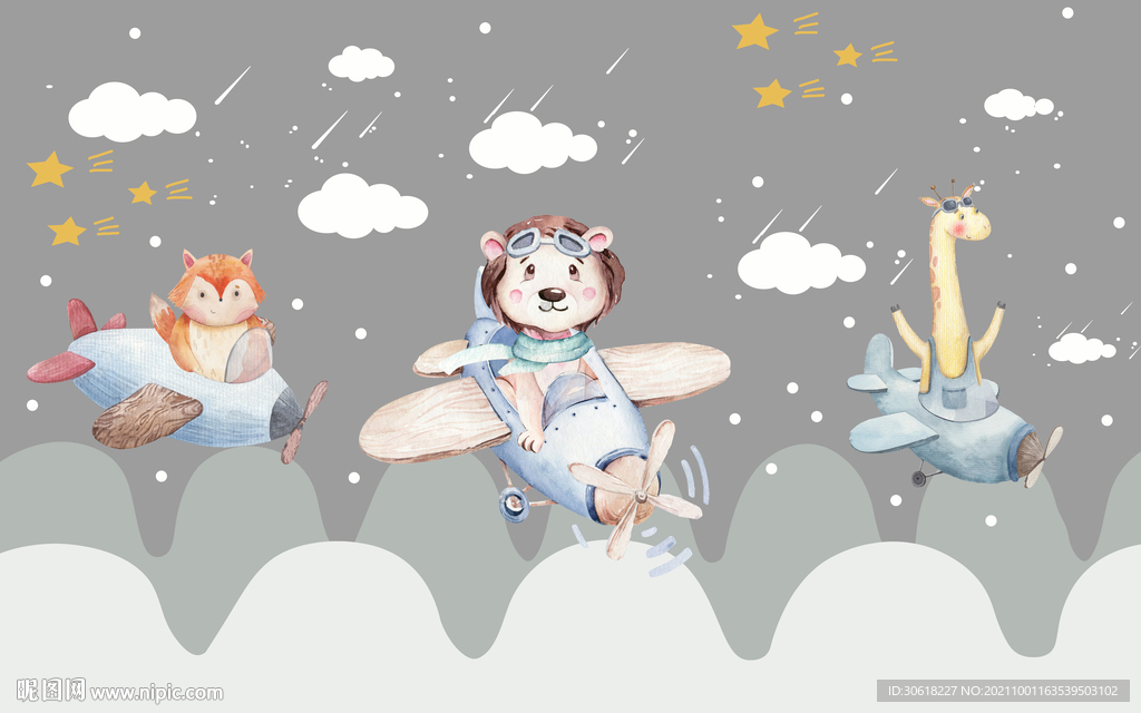 北欧手绘卡通儿童房背景墙