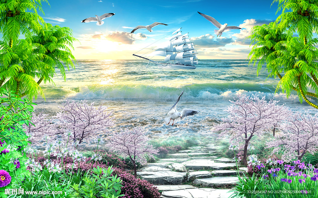 白云海滩海景3D电视背景墙