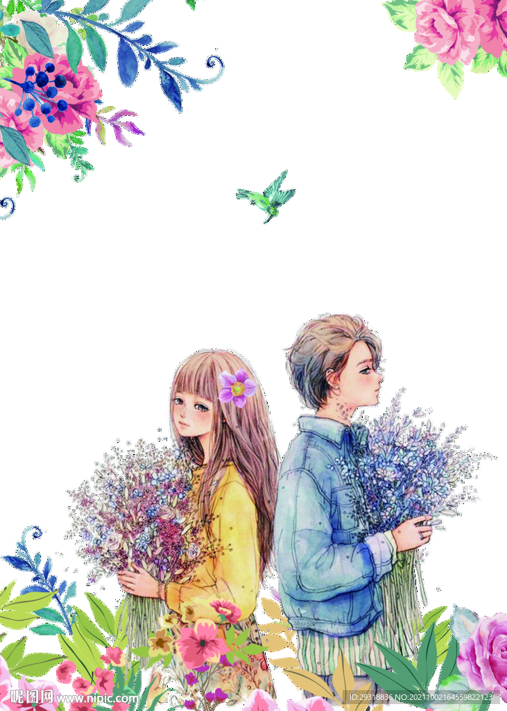 手绘唯美花季情侣唯美情侣