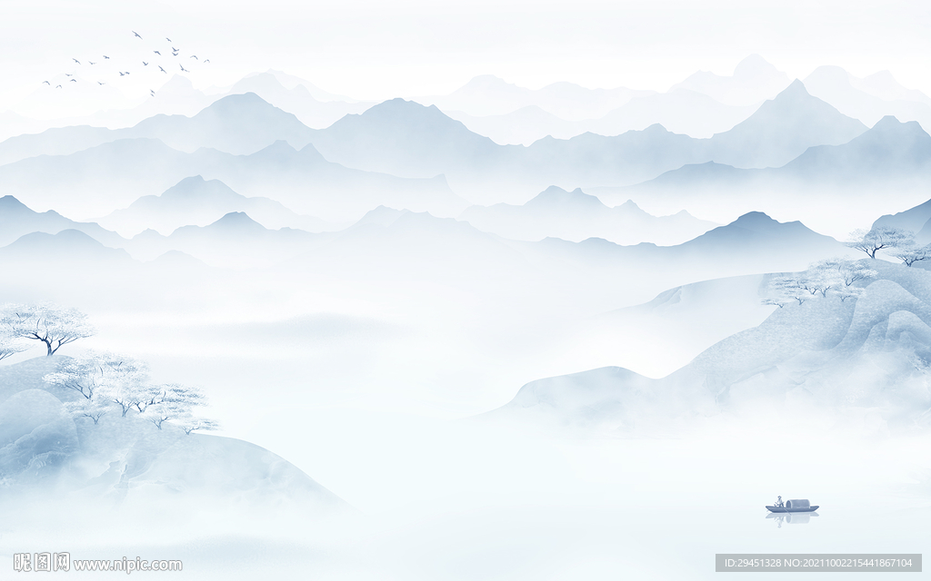 中国风山水背景墙画 tif分层
