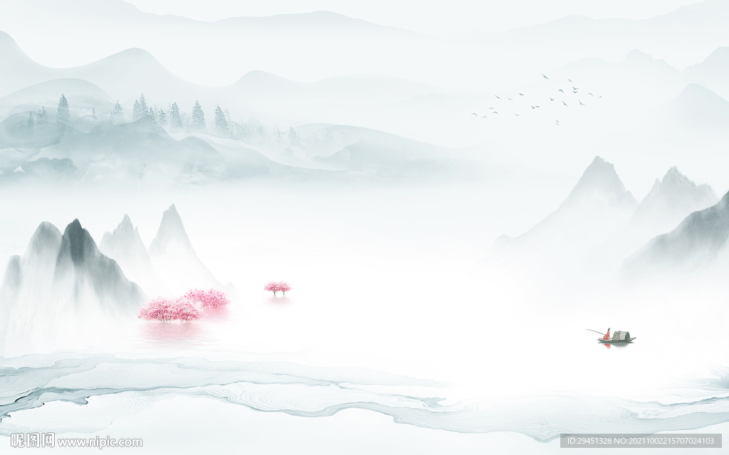 新中式山水背景墙画 tif分层