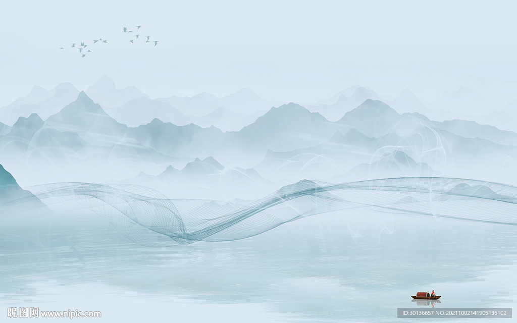 别墅 山水墙画背景 TIF分层