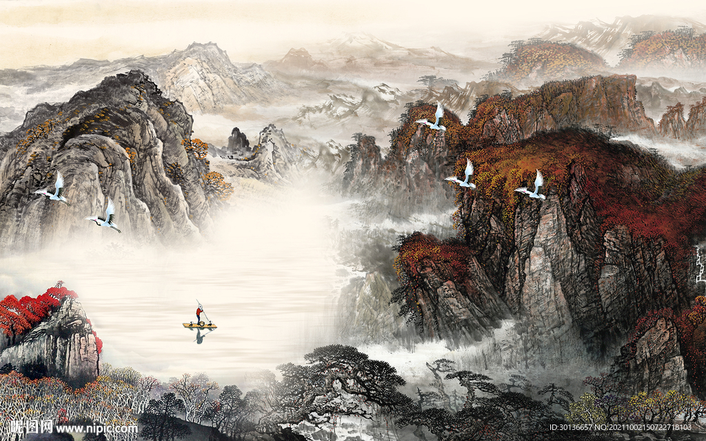 高档 山水墙画背景 TIF分层