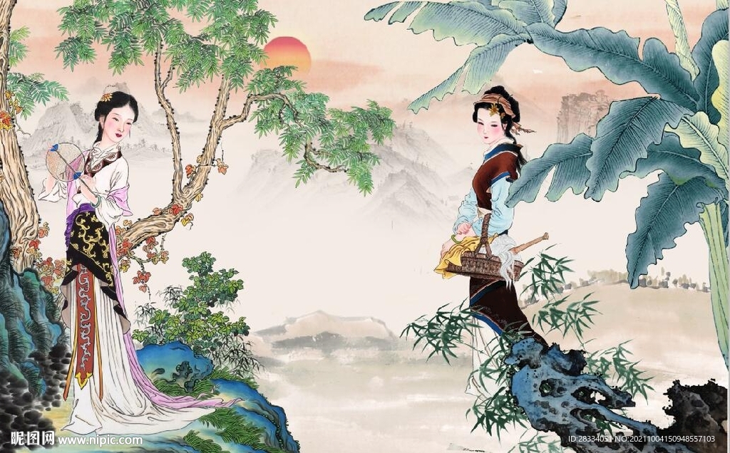 中式水墨古代仕女国画电视背景墙